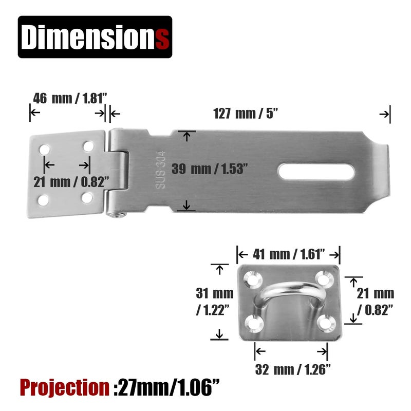 JQK Door Hasp Latch Lock, 5 Inch Stainless Steel Safety Packlock Clasp, Brushed Finish 2 Pack, DL130-BN-P2 - Image 2